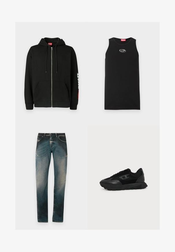 Haut à capuche noir zippé avec poches avant, cordons de serrage sur la capuche, et logo "DIESEL" blanc sur la manche gauche, avec une étiquette rouge à l'intérieur du col.; Débardeur noir sans manches en coton. Présente un col rond et un petit logo Diesel blanc sur la poitrine. Texture lisse.; Jeans en denim slim-fit bleu délavé avec un léger effet usé et des détails de moustaches, présentant des poches avant et arrière ainsi que des passants de ceinture.; Baskets basses noires avec semelle texturée, dessus en mesh et cuir, fermeture à lacets devant, et petit logo embossé sur le panneau latéral.
