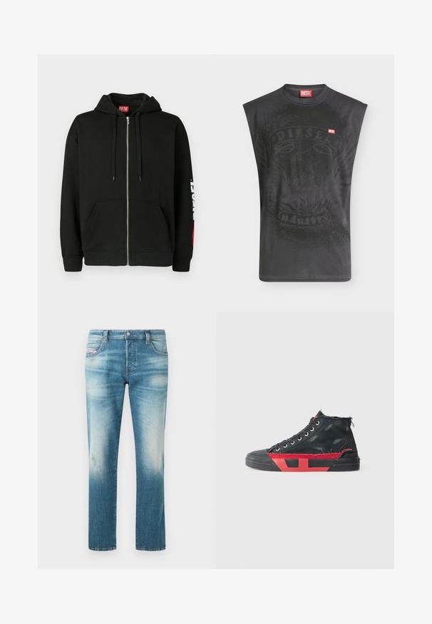Haut à capuche noir zippé avec poches avant, cordons de serrage sur la capuche, et logo "DIESEL" blanc sur la manche gauche, avec une étiquette rouge à l'intérieur du col.; T-shirt noir sans manches Diesel avec un graphisme subtil d'aigle et un petit patch logo Diesel rouge sur la poitrine.; Jean droit pour homme de couleur bleu moyen délavé avec léger effet usé et conception classique à cinq poches.; Baskets montantes noires avec des accents rouges et une finition usée. Caractérisées par une tige en toile texturée et une semelle en caoutchouc avec un design découpé.