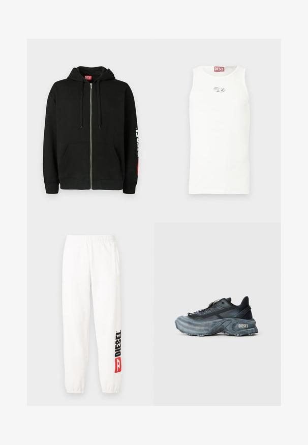 Sudadera con cremallera negra, con bolsillos frontales, cordones en la capucha y logo blanco "DIESEL" en la manga izquierda y etiqueta roja en el interior del cuello.; Camiseta blanca sin mangas hecha de tela suave, con un pequeño logo plateado en el pecho y una etiqueta roja en el cuello.; Pantalones deportivos blancos de algodón con cintura elástica. La pierna izquierda presenta un logo "DIESEL" en negro y rojo. Puños en los tobillos. Textura suave.; Zapatilla Diesel en negro y gris con suela gruesa, cierre de cordón y diseño texturizado sobre un fondo liso de color gris claro.