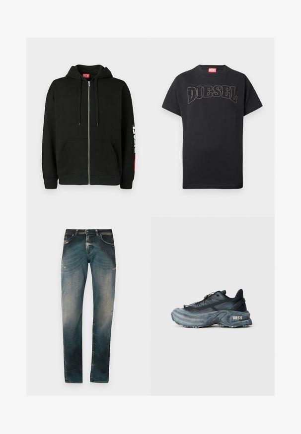 Haut à capuche noir zippé avec poches avant, cordons de serrage sur la capuche, et logo "DIESEL" blanc sur la manche gauche, avec une étiquette rouge à l'intérieur du col.; T-shirt noir à manches courtes avec texte "DIESEL" courbé et cousu sur la poitrine, et étiquette rouge à l'intérieur du col.; Jeans en denim slim-fit bleu délavé avec un léger effet usé et des détails de moustaches, présentant des poches avant et arrière ainsi que des passants de ceinture.; Baskets Diesel noires et grises avec semelle épaisse, système de laçage à bascule et design texturé sur fond gris clair uni.