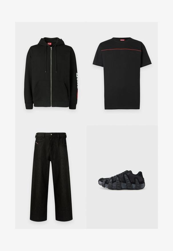 Haut à capuche noir zippé avec poches avant, cordons de serrage sur la capuche, et logo "DIESEL" blanc sur la manche gauche, avec une étiquette rouge à l'intérieur du col.; T-shirt en coton noir avec un col rond, des manches courtes et une ligne d'accent rouge traversant la poitrine. Logo brodé sur le devant.; Jean noir à jambes larges en denim, présentant une fermeture éclair, cinq poches et un branding discret sur la poche avant. Tissu durable et texturé.; Baskets noires avec semelle renforcée à nervures exagérées, design à lacets, dessus en textile mélangé et daim, vues de profil sur fond blanc.