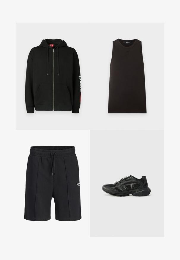 Μαύρο hoodie με φερμουάρ και μπροστινές τσέπες, κορδόνια στην κουκούλα και λευκό λογότυπο "DIESEL" στο αριστερό μανίκι, καθώς και κόκκινη ετικέτα μέσα στον γιακά.; Μαύρο αμάνικο τοπ με στρογγυλή λαιμόκοψη, μικρό ανάγλυφο λογότυπο στο στήθος και ετικέτα "FAVELA" μέσα στη λαιμόκοψη.; Μαύρο σορτς μέχρι το γόνατο με ελαστική μέση, κορδόνι, διακριτικές μπροστινές ραφές και μικρό λευκό λογότυπο JJ Surf στο αριστερό μπατζάκι.; Μαύρα αθλητικά παπούτσια με διχτυωτό άνω μέρος, υφασμάτινες λεπτομέρειες και μαλακό κολάρο. Σχεδίαση με κορδόνια και παχύ καουτσούκ πέλμα για υποστήριξη.