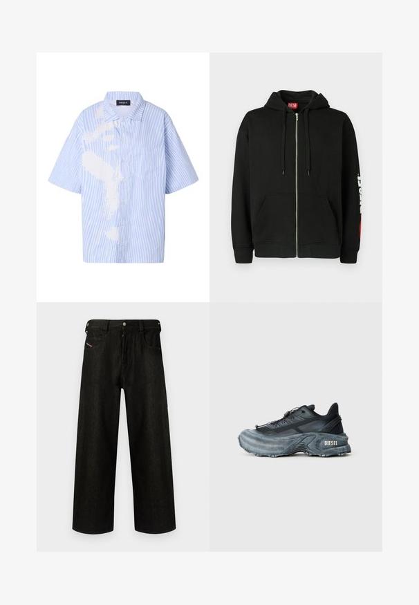 Μαύρο hoodie με φερμουάρ και μπροστινές τσέπες, κορδόνια στην κουκούλα και λευκό λογότυπο "DIESEL" στο αριστερό μανίκι, καθώς και κόκκινη ετικέτα μέσα στον γιακά.; Πουκάμισο με κοντά μανίκια και κουμπιά, με κατακόρυφες ρίγες σε ανοιχτό γαλάζιο και άσπρο, και τσέπη στο στήθος στην αριστερή πλευρά.; Μαύρα φαρδιά τζιν παντελόνια από ντένιμ, με φερμουάρ στο μπροστινό μέρος, πέντε τσέπες και διακριτική επωνυμία στην μπροστινή τσέπη. Ανθεκτικό και υφασμάτινο υλικό.; Μαύρο και γκρι sneaker Diesel με παχιά σόλα, σύρμα κορδονιού και υφή σε απλό ανοιχτό γκρι φόντο.