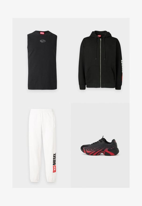 Μαύρο hoodie με φερμουάρ και μπροστινές τσέπες, κορδόνια στην κουκούλα και λευκό λογότυπο "DIESEL" στο αριστερό μανίκι, καθώς και κόκκινη ετικέτα μέσα στον γιακά.; Μαύρο αμάνικο μπλουζάκι από βαμβάκι, με στρογγυλή λαιμόκοψη και ασημί λογότυπο στο στήθος. Απλός, μονόχρωμος σχεδιασμός χωρίς σχέδια.; Λευκό βαμβακερό παντελόνι φόρμας με ελαστική μέση. Το αριστερό πόδι διαθέτει μαύρο και κόκκινο λογότυπο "DIESEL". Πιέτες στους αστραγάλους. Λεία υφή.; Μαύρο και κόκκινο αθλητικό παπούτσι με υφή στο πάνω μέρος με λεπτομέρειες σχεδίου, κλείσιμο με κορδόνια και παχύ λάστιχο στη σόλα.