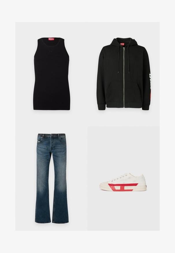 Haut à capuche noir zippé avec poches avant, cordons de serrage sur la capuche, et logo "DIESEL" blanc sur la manche gauche, avec une étiquette rouge à l'intérieur du col.; Débardeur noir Diesel avec col rond, petit logo ton sur ton sur la poitrine et étiquette rouge à l'intérieur du col sur fond blanc.; Jean en denim bleu délavé avec un design à jambes évasées, cinq poches et une ceinture sombre. Présente un léger effet de décoloration au niveau des cuisses.; Baskets en toile avec un dessus blanc, des accents en caoutchouc rouge et un design texturé. Elles présentent une tête arrondie et cinq œillets pour les lacets.