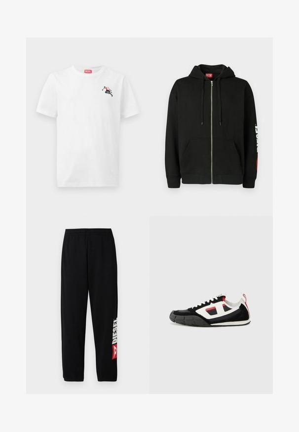 Haut à capuche noir zippé avec poches avant, cordons de serrage sur la capuche, et logo "DIESEL" blanc sur la manche gauche, avec une étiquette rouge à l'intérieur du col.; T-shirt en coton blanc avec un petit motif noir et rouge sur le côté gauche de la poitrine et une étiquette logo rouge au niveau de l'encolure. Manches courtes, col rond.; Pantalon de survêtement noir avec taille élastique, arborant un grand logo blanc "DIESEL" et un accent rouge sur la jambe gauche. Tissu doux et lisse.; Diesel S PAGODHA LOW - Baskets basses - black