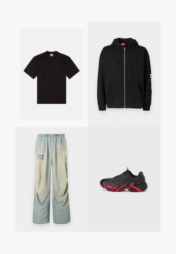 Sudadera con cremallera negra, con bolsillos frontales, cordones en la capucha y logo blanco "DIESEL" en la manga izquierda y etiqueta roja en el interior del cuello.; Camiseta de algodón negra con mangas cortas, cuello redondo y un pequeño logotipo en relieve en el pecho. Etiqueta de marca roja en el cuello.; Pantalones vaqueros de pierna ancha en azul claro y beige, con cintura elástica, cordón ajustable y logos deslavados de "Diesel" en la parte superior de las piernas izquierda y derecha.; Zapatilla deportiva negra y roja con parte superior texturizada con detalles en patrón, cierre de cordones y suela gruesa de goma.