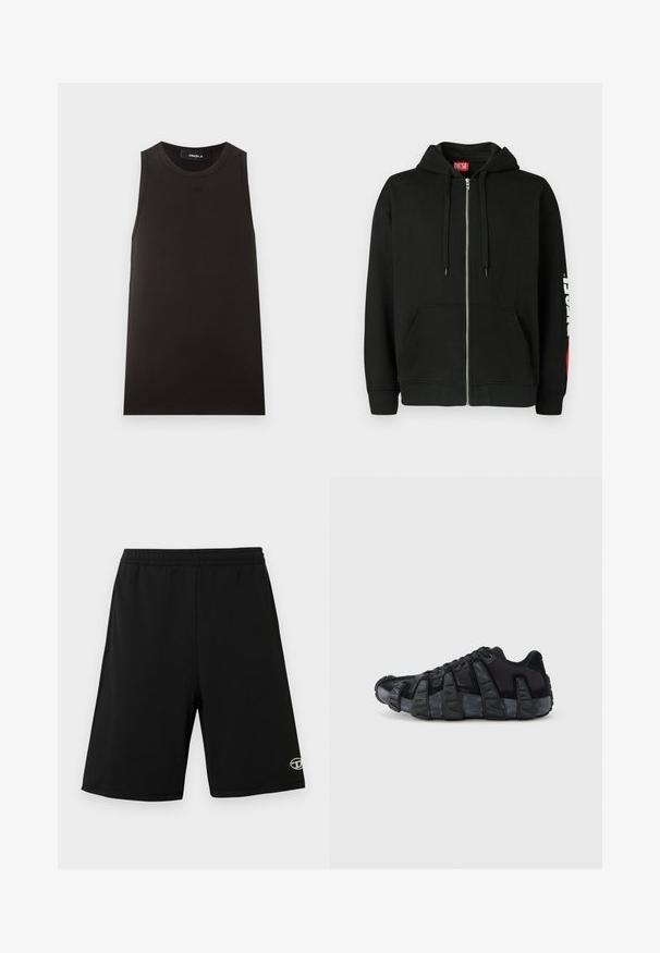 Haut à capuche noir zippé avec poches avant, cordons de serrage sur la capuche, et logo "DIESEL" blanc sur la manche gauche, avec une étiquette rouge à l'intérieur du col.; Débardeur noir sans manches avec encolure ronde, petit logo embossé sur la poitrine et étiquette « FAVELA » à l’intérieur du col.; Shorts de sport noirs en tissu léger, dotés d'une ceinture élastique et d'un petit logo sur la partie inférieure de la jambe gauche.; Baskets noires avec semelle renforcée à nervures exagérées, design à lacets, dessus en textile mélangé et daim, vues de profil sur fond blanc.
