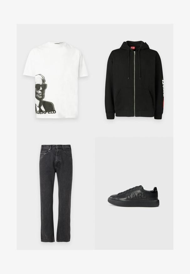 Μαύρο hoodie με φερμουάρ και μπροστινές τσέπες, κορδόνια στην κουκούλα και λευκό λογότυπο "DIESEL" στο αριστερό μανίκι, καθώς και κόκκινη ετικέτα μέσα στον γιακά.; Λευκό κοντομάνικο T-shirt με μαύρο γραφικό ενός άνδρα που φοράει γυαλιά ηλίου και κοστούμι, τυπωμένο στο κάτω αριστερό μέρος πάνω από μερικό κείμενο.; Μαύρο τζιν παντελόνι με ίσια γραμμή, μπροστινό κούμπωμα με κουμπί και φερμουάρ, μπροστινές και πίσω τσέπες, εμφανίζεται πάνω σε λευκό φόντο.; Μαύρα αθλητικά παπούτσια από λείο δέρμα, με παχύ ραβδωτό σόλο και ανάγλυφο λογότυπο. Κλασικός σχεδιασμός με κορδόνια και στρογγυλές τρυπώματα.