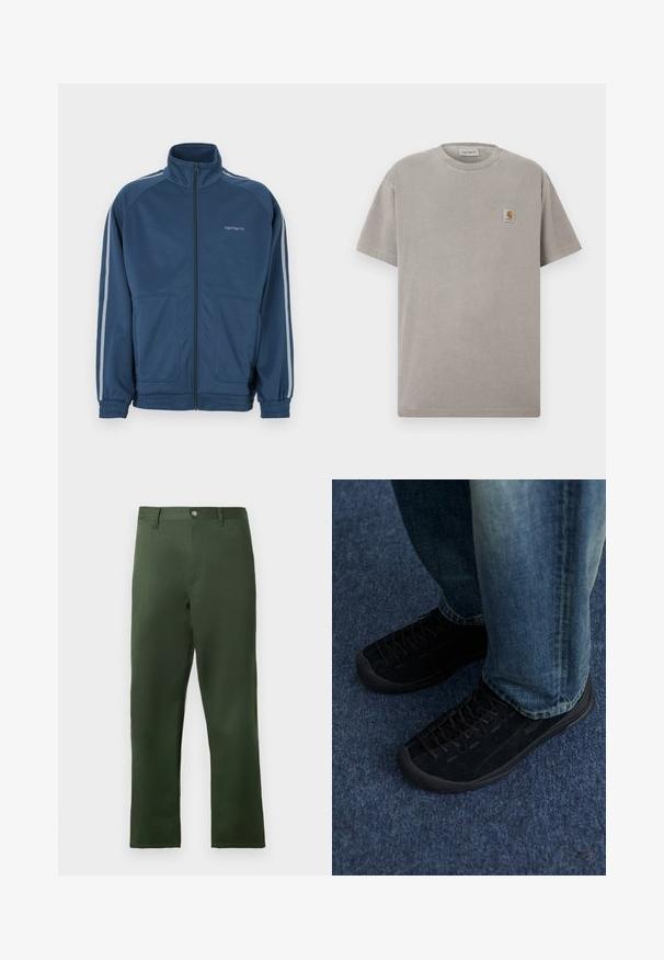 Chaqueta azul oscuro con cremallera y cuello alto. Presenta rayas gris claro a lo largo de las mangas, dos bolsillos frontales y puños elásticos.; Camiseta de algodón gris con mangas cortas, cuello redondo y un pequeño parche cuadrado con logo en el pecho izquierdo. Textura suave y ajuste relajado.; Pantalones verdes de corte recto, hechos con una tela suave. Cuentan con cierre de botón y bolsillos delanteros, mostrando un diseño minimalista.; Zapatillas de ante negro con superficie texturizada, cordones sutiles y suelas de goma duraderas, combinadas con jeans de denim azul.