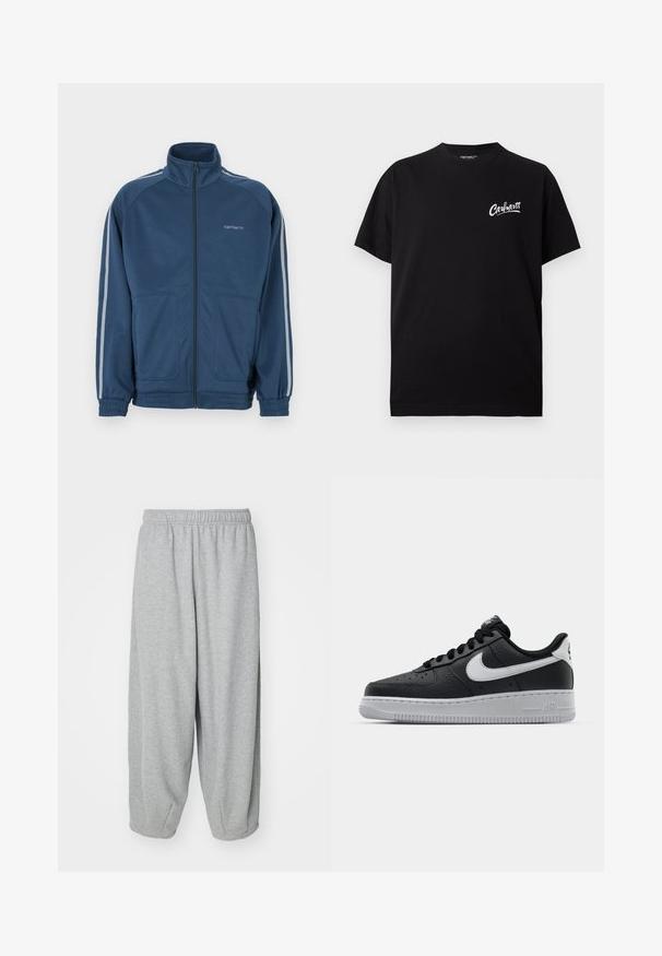 Mørkeblå lynlåstrøje med høj krave. Har lysegrå striber på ærmerne, to frontlommer og elastiske manchetter.; Sort kortærmet crewneck t-shirt med lille hvid "Carhartt" logo på venstre bryst.; Lys grå, løstsiddende sweatpants lavet af blød stof. Elastisk talje og manchetter ved anklerne. Enkel og udekoreret design.; Sort lædersneaker med tekstureret overflade, hvid Nike swoosh, grå sål, rund tå og snørebåndsdesign. Har perforeringer på tåboksen.
