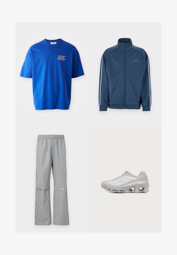 Veste zippée bleu foncé avec un col haut. Elle comporte des rayures gris clair le long des manches, deux poches avant et des poignets élastiqués.; T-shirt en coton bleu à manches courtes, avec un logo gris sur le côté supérieur gauche de la poitrine, col rond et coupe décontractée.; Pantalon de pluie imperméable gris clair avec taille élastique et bande réfléchissante sur la jambe droite, conçu pour une utilisation en extérieur.; Baskets de sport grises et blanches avec semelle à coussin d'air visible et panneaux en mesh, présentées de profil sur un fond clair uni.
