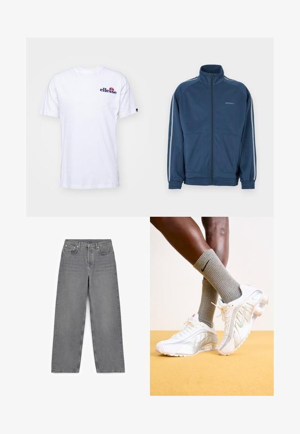 Dunkelblaue Jacke mit Reißverschluss und hohem Kragen. Mit hellgrauen Streifen entlang der Ärmel, zwei Fronttaschen und elastischen Bündchen.; Weißes Baumwoll-T-Shirt mit kurzen Ärmeln, das ein marineblaues gesticktes Logo auf der linken Brust und einen lebhaften Farbakzent über dem Logo präsentiert.; Graue weit geschnittene Jeans aus Denim mit klassischem Fünf-Taschen-Design, Metallknopfverschluss und schlichten genähten Details.; Nike-Sneaker in Weiß mit silbernen Akzenten, ausgestattet mit strukturierten Paneelen und Perforationen. Kombiniert mit grauen gerippten Socken, vor einem gelben Hintergrund.