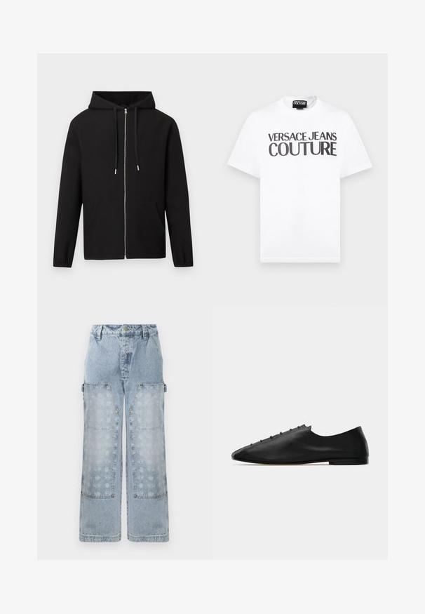 Sort hættejakke med lynlås, frontlommer, snøre i hætten og elastiske manchetter, vist mod en ensartet lys baggrund.; Hvid t-shirt med korte ærmer og sort tekst "VERSACE JEANS COUTURE" hen over brystet samt et lille mærke med brandnavn på indersiden af halsudskæringen.; Lyseblå denim cargo bukser har et bredt ben design, store påsyede lommer og en subtil blomsterprint på de nederste paneler med gyldne hardware detaljer.; Sort læder sko med spids tå, minimalistisk design, prydet med små dekorative nitter langs oversiden. Flad sål uden synlige mønstre.