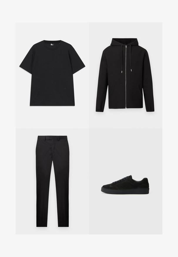 Schwarzer Kapuzenpullover mit Reißverschluss, Fronttaschen, Kordelzugkapuze und elastischen Bündchen, vor einfachem hellem Hintergrund präsentiert.; Schwarzes Kurzarm-T-Shirt aus Baumwolle mit rundem Halsausschnitt und einem kleinen Logo-Detail am Saum. Glatte Textur, reguläre Passform.; Schwarze, schmal geschnittene Hose mit Gürtelschlaufen, vorderem Knopf- und Reißverschluss sowie seitlichen Taschen, dargestellt vor weißem Hintergrund.; Schwarze Wildleder-Sneaker mit flacher, strukturierter Sohle, rundem Zehenbereich, sechs Ösen für Schnürsenkel und minimalistischen Design.