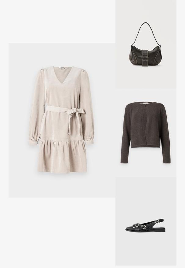 Mørkegrå strikket cardigan med lange ærmer, rund halsudskæring og en enkelt knaplukning foroven.; Beige kordfløjlskjole med V-udskæring, lange puffærmer, taljeret liv og en flagrende nederdel. Inkluderer et stofbælte der bindes om livet.; Sorte læderslingbacksko med spids tå, to sølvspænder og en lav blokhæl. Har en struktureret overdel og åben bag.; Sort læder skuldertaske med spænde på remmen, afrundede kanter og kontrasterende hvide syninger på en ensfarvet baggrund.