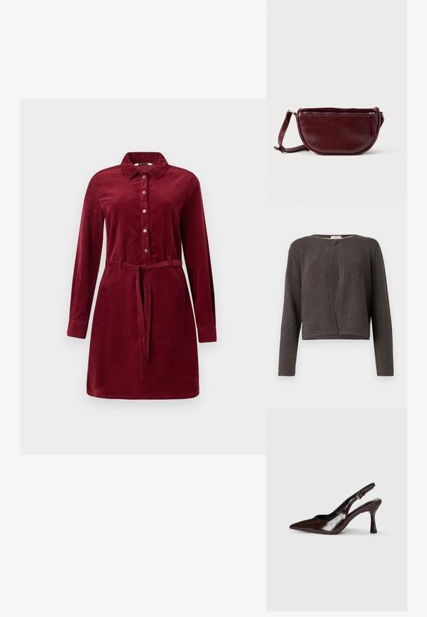 Donkergrijze gebreide lange mouwen cardigan met een ronde halslijn en een enkele knoopsluiting bovenaan.; Bordeaux corduroy jurk met lange mouwen, knopen aan de voorkant, kraag en tailleband. Voorzien van zijknopen en een licht uitlopende rok.; Bruine gepatineerde leren slingback pumps met een spitse neus, een dunne hak en een verstelbaar bandje met een kleine gesp.; Dieprode lederen handtas met een halve-maansvorm, een ritssluiting en een afneembare riem. Gladde textuur met een subtiele glans.