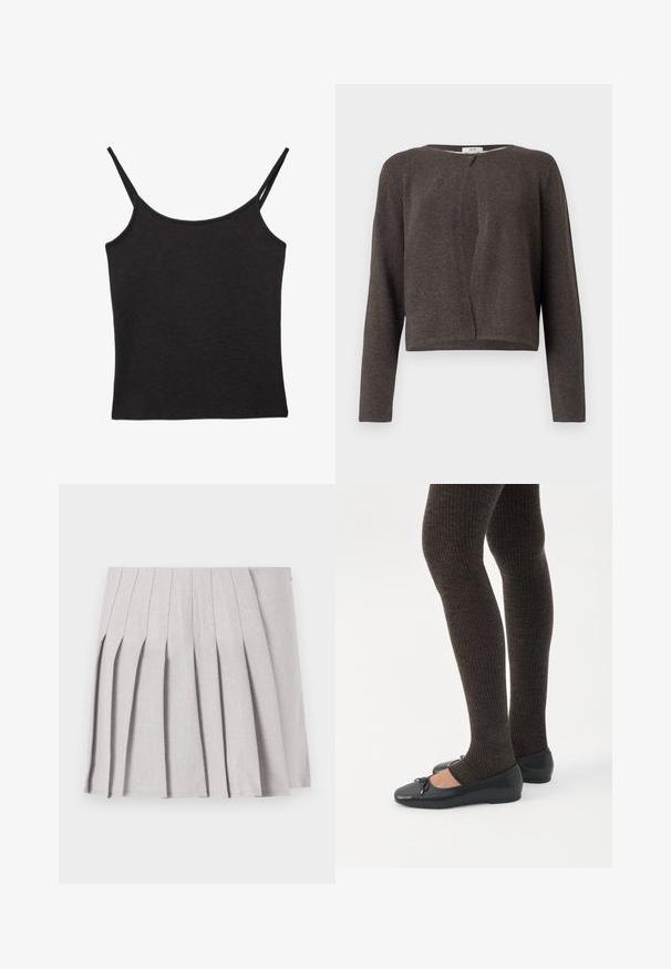 Gilet long en tricot gris foncé à manches longues avec un col rond et une fermeture à un bouton en haut.; Haut caraco en tissu côtelé noir avec fines bretelles doubles et un décolleté droit, posé à plat sur fond blanc.; Jupe plissée grise au toucher lisse, dotée de multiples plis verticaux et d'une taille ajustée. Fabriquée en tissu léger.; Jambes portant des leggings côtelés foncés associés à des ballerines noires avec de petits détails en nœud sur fond blanc.