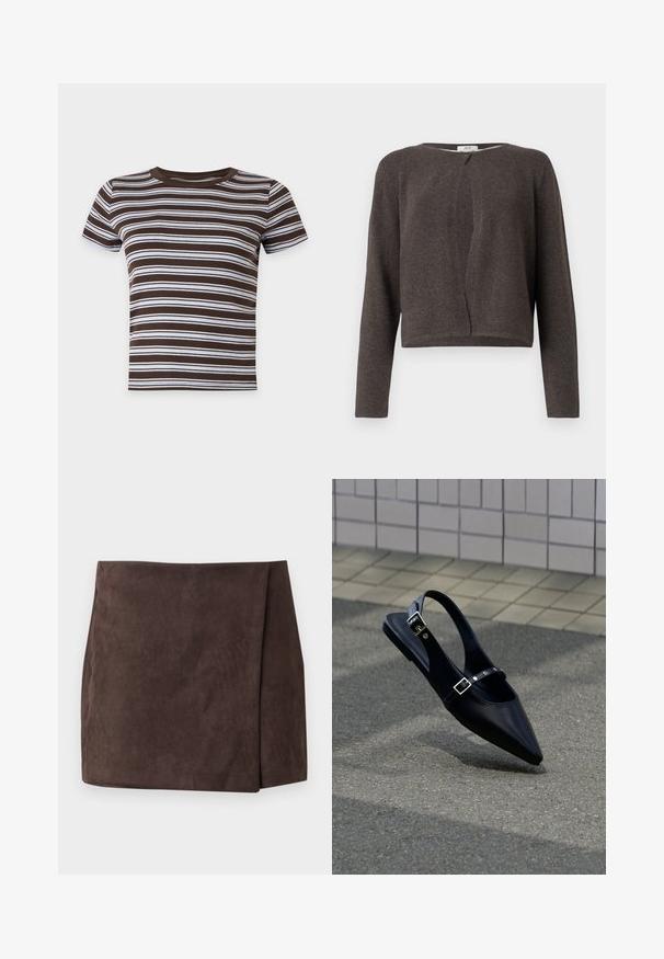 Gilet long en tricot gris foncé à manches longues avec un col rond et une fermeture à un bouton en haut.; T-shirt court à manches courtes rayé horizontalement marron et blanc avec un col rond sur fond uni.; Mini-jupe en daim marron foncé avec détail de panneau avant asymétrique, taille plate et ourlet droit sur fond uni.; Mocassin noir à bout pointu et bride arrière, avec double boucle, posé sur un asphalt gris près d'un mur carrelé en arrière-plan.