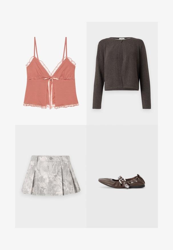 Gilet long en tricot gris foncé à manches longues avec un col rond et une fermeture à un bouton en haut.; Camisole en rose poussiéreux avec dentelle, bretelles spaghetti ajustables et un nœud en satin à la taille. Tissu doux avec un design fluide.; Jupe en denim gris avec des plis, arborant un motif de feuilles subtil dans des teintes plus claires. Coupe classique avec une taille et une fermeture à bouton en métal.; Chaussure plate en cuir verni marron avec un bout pointu, un détail de nœud élastiqué et une accent en boucle en argent sur le côté. Semelle en caoutchouc noir.