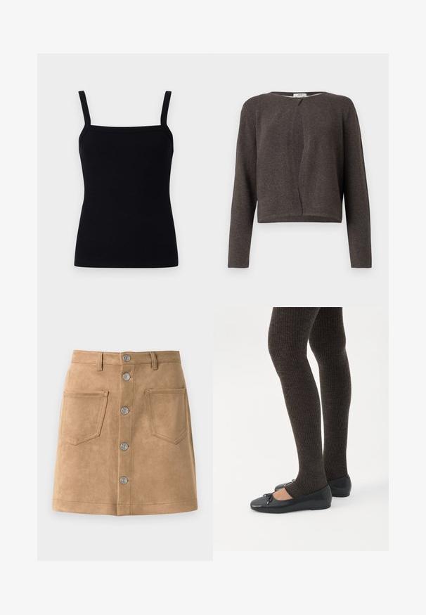 Mørkegrå strikket cardigan med lange ærmer, rund halsudskæring og en enkelt knaplukning foroven.; Sort ribbet tanktop med justerbare stropper, firkantet udskæring og et tætsiddende design, der krammer kroppen, lavet af et strækbart stof.; Tan suede nederdel med en tætsiddende form, fem metalliske frontknapper og to forlommer, der har en glat tekstur og rene kanter.; Ben iført mørke ribbede leggings kombineret med sorte balletsko med små sløjfedetaljer på hvid baggrund.