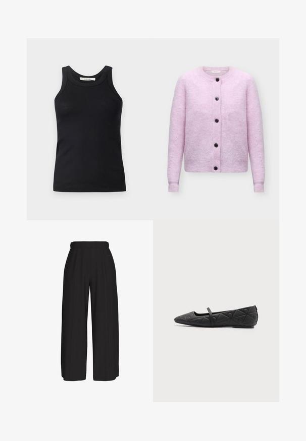 Lyserød strikket cardigan med rund halsudskæring og fem sorte knapper foran, lange ærmer samt ribstrikkede manchetter og kant.; Sort ribbet tanktop med rund halsudskæring og brede stropper, lavet af blødt stof. Ingen synlige mønstre eller hardware-detaljer.; Sorte bukser med høj talje og vide ben, med en ren front og subtile sømdetaljer, lavet af et glat stof.; Sort flad sko med spids tå, quiltede geometriske mønstre og en tynd rem over vristen på en ensfarvet baggrund.