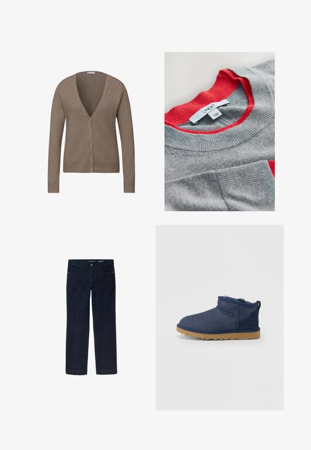 Brun cardigan med V-hals, lange ærmer og knaplukning. Fremstillet af blødt materiale med ribkant ved manchetter og kant.; Grå sweater med rød ribbet halsudskæring og lomme, lavet af blødt stof, med et mærke med "NEXT" og "MADE IN CHINA".; Mørkeblå denimjeans med lige ben-design, der har forlommer og kontrasterende gule syninger langs sømmene.; Mørkeblå ruskindsstøvle med fleeceforing og lysebrunt gummisål, med syninger og bageste trækketur på ensfarvet baggrund.