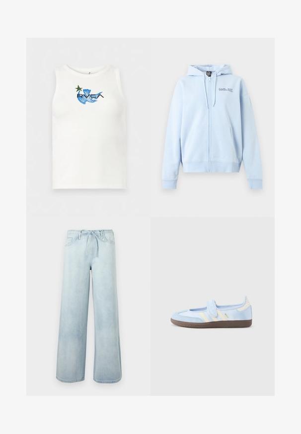 Sweat à capuche zippé bleu clair avec poches avant, capuche à cordon et logo « Santa Cruz » sur la poitrine gauche.; Débardeur blanc sans manches avec un motif abstrait bleu, une étoile verte, et le logo noir "RVCA" centré sur la poitrine.; Pantalon en jean bleu clair à jambes larges avec poches avant et ceinture en tissu à nouer à la taille, présenté sur un fond uni.; Baskets bleu clair avec une sangle à velcro, des bandes crème sur les côtés, tige en tissu souple, semelle en caoutchouc marron texturée.