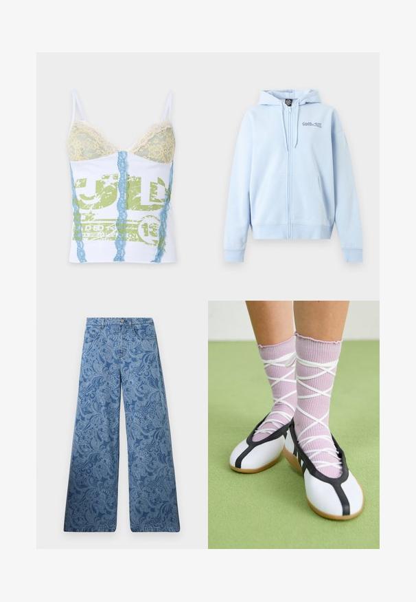 Light blue zip-up hoodie with front pockets, drawstring hood, and "Santa Cruz" logo on the left chest.; White camisole with pale yellow lace cups, blue vertical lace stripes, and faded green graphic print on the front.; Blue wide-leg jeans with high waist featuring an intricate paisley pattern and classic five-pocket design.; Legs wearing ribbed lavender socks with white crisscross straps paired with white ballet flats featuring black trim on green floor.