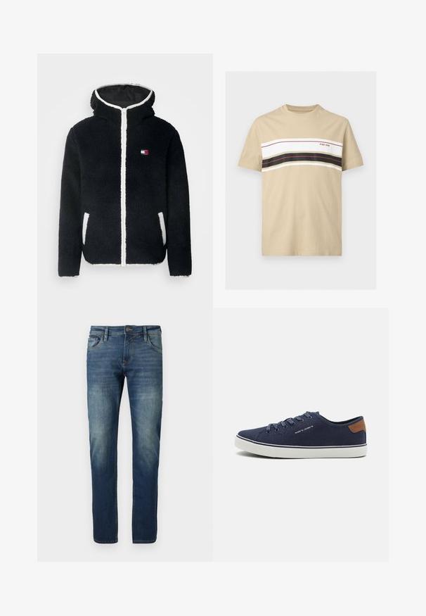 Sort fleecejakke med hætte, med en hvid lynlås og lommer; lille logo i rød, hvid og blå på venstre bryst. Blød tekstur.; Beige kortærmet T-shirt med vandrette hvide, sorte og røde striber hen over brystet og teksten "PIER ONE" på højre side.; Blå denimjeans med lige ben, slidt fordybning, kontraststing, fem lommer og en knaplukning.; Marineblå canvas sneakers med hvide gummisåler, der har koordinerede snørebånd, en brun læderdetalje ved hælen og minimalistiske designdetaljer.