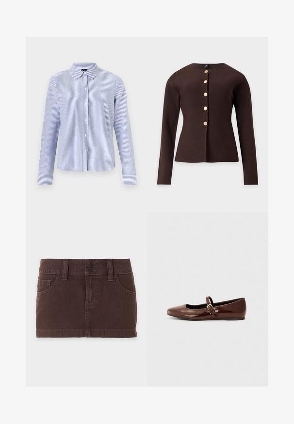 Cardigan marron foncé à manches longues avec un col rond et cinq boutons dorés texturés au centre devant.; Chemise à manches longues boutonnée, avec des rayures verticales blanches et bleu clair et un col pointu, présentée sur un fond uni.; Mini-jupe en denim marron avec poches avant, passants de ceinture et double fermeture à boutons sur un fond clair uni.; Ballerine en cuir verni marron avec un bout carré et une lanière ornée d'une petite boucle dorée. Texture lisse, talon bas et design minimaliste.