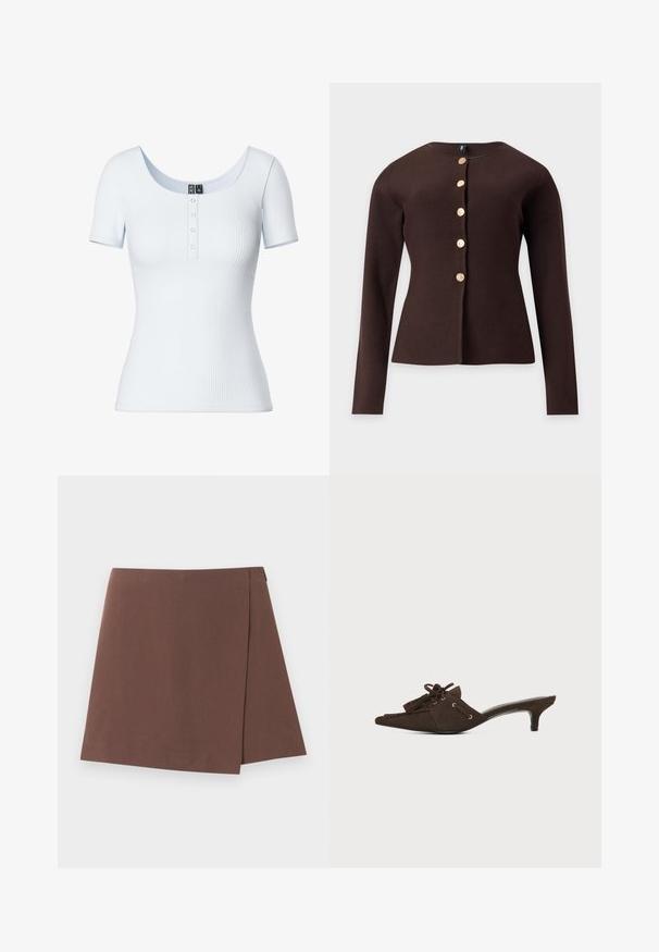 Mørkebrun cardigan med lange ærmer, rund halsudskæring og fem gyldne teksturerede knapper ned langs fronten.; Lyseblå ribbet kortærmet top med rund udskæring og fem knaps lukning foran. Blødt, strækbart stof med en tætsiddende pasform.; Brun A-formet nederdel med let overlapdetalje foran, lavet af glat stof, vist på en ensartet lys baggrund.; Brun ruskind mule-sko med spids tå, lav kittenhæl, snøring med sløjfe og kvastdetaljer på hvid baggrund.