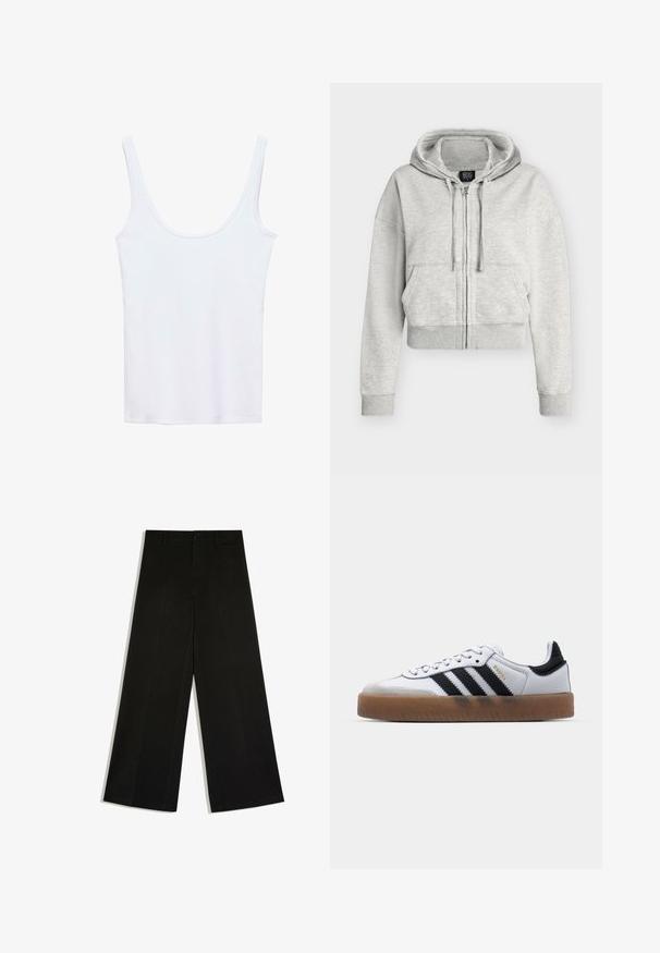 Sweat à capuche zippé court gris clair avec cordons, poches kangourou à l’avant, poignets côtelés et ceinture côtelée, présenté sur fond blanc.; Débardeur blanc à encolure dégagée, fabriqué en tissu doux, présentant des bretelles fines et une coupe ajustée et slim. Aucun motif ou accent visible.; Pantalon noir à jambes larges avec passants de ceinture, fermeture devant par bouton et zip, posé à plat sur fond blanc.; Baskets en cuir blanc avec des rayures noires, semelle extérieure en caoutchouc beige, bout rond, fermeture lacée et embout en suède gris doux.