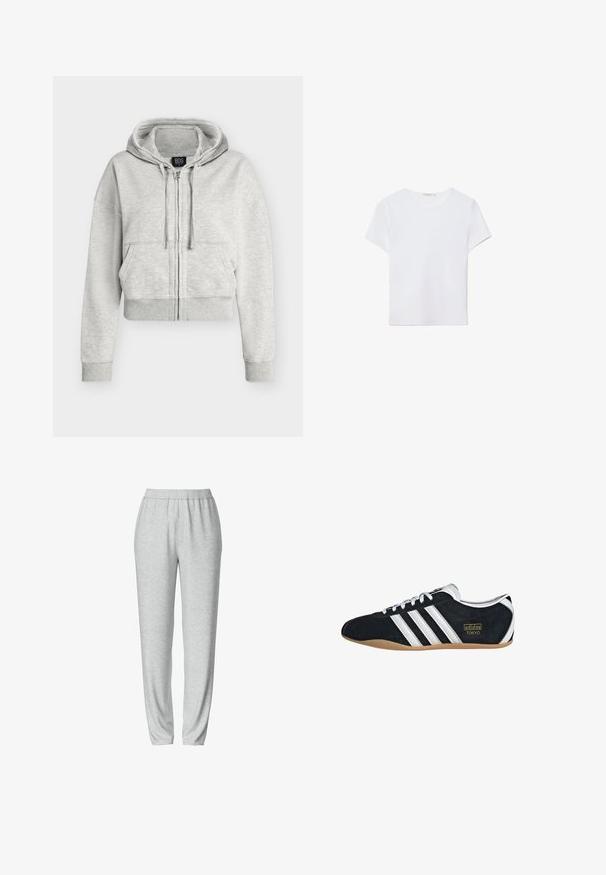 Lysegrå kort cropped hættetrøje med lynlås og snører, forreste kengurulommer, ribstrikkede manchetter og ribstrikket linning, vist på hvid baggrund.; Hvid kortærmet t-shirt lavet af blødt stof. Har en rund halsudskæring og et simpelt, rent design med en lige underkant.; Grå sweatsbukser med elastisk talje, tætsiddende bendesign, blød tekstur og ingen synlige mønstre eller hardware detaljer.; Sort ruskinds sneaker med hvide tre striber, guldlogo og en brun gummisål. Har et lavprofil snørebåndsdesign.