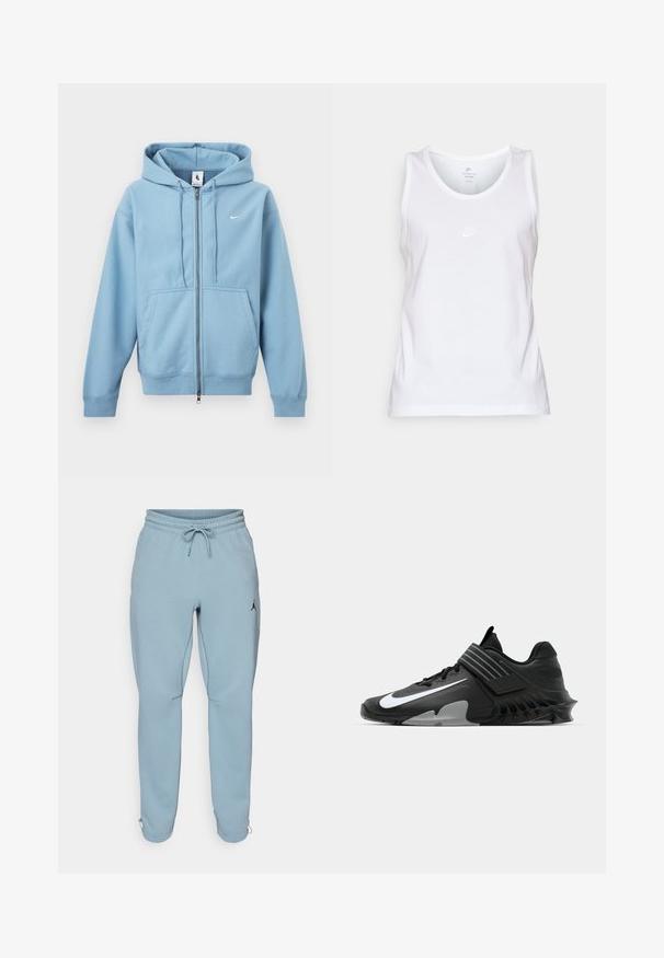 Lyseblå lynlåshættetrøje med frontlommer, snøre i hætten og lille hvid Nike-logo på brystet.; Hvid bomulds tanktop med rund hals, ærmeløst design og et lille tonet Nike-logo på forsiden. Glat tekstur.; Lysblå sweatpants lavet af blødt stof, med elastisk talje og snøre, sidelommer og et lille sort logo på låret.; Sorte sportsko med et strømlinet design, der har et fremtrædende hvidt Nike-logo, teksturerede overflader og en karakteristisk støbt sål.