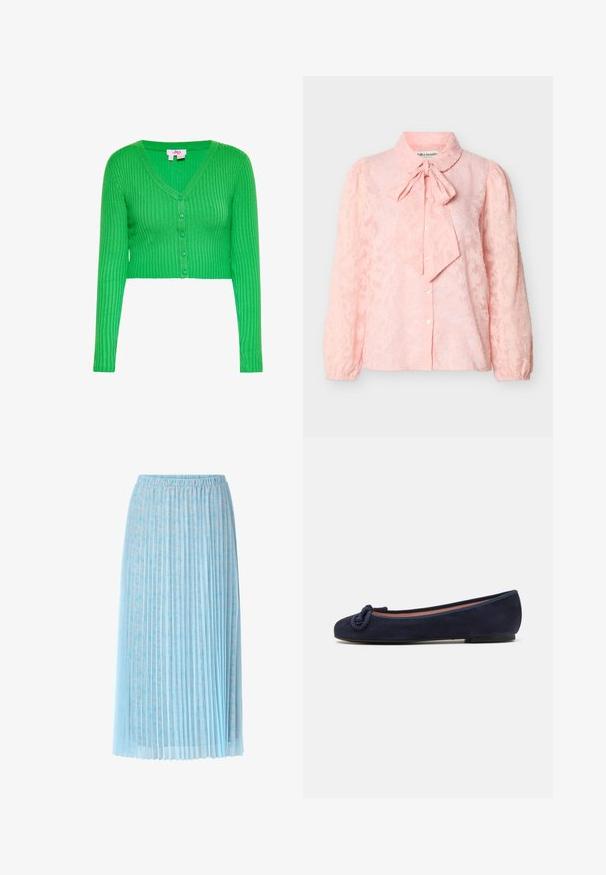Groen geribd gebreid kort vest met V-hals en vijf knopen aan de voorkant, lange mouwen en een klein wit maatlabel binnen in de kraag.; Lichtroze blouse met lange mouwen en een subtiel bloemmotief, knoopsluiting aan de voorkant, opgeblazen schouders en een strikboord.; Lichtblauwe midi-rok met geplooide tule overlay en subtiel bloemenpatroon, met een elastische tailleband.; Marineblauwe suede ballerina met een ronde neus en een gestrikt accent op de neus. Lage, flexibele zool voor comfort. Eenvoudig en gestroomlijnd ontwerp.