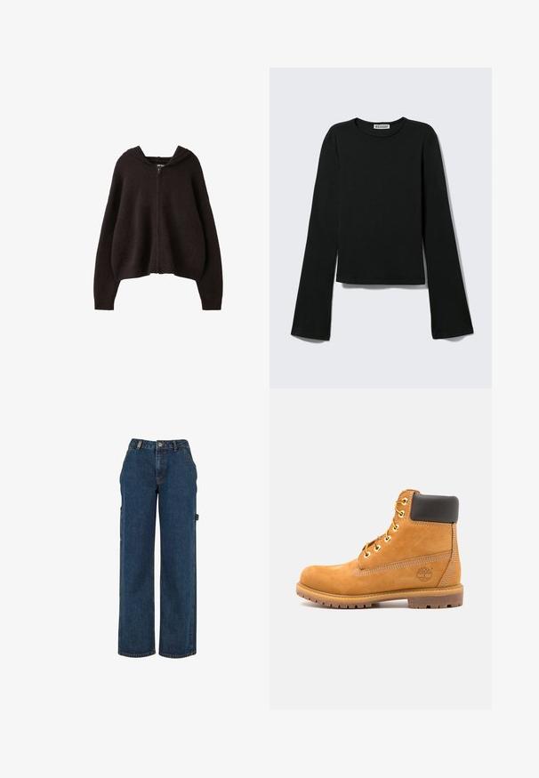 Sort uld zip-hoodie med lange ærmer og afslappet pasform, vist mod en hvid baggrund.; Sort langærmet rundhalset skjorte med en figursyet silhuet og let udvidede ærmer, mærket med "Weekday" brandetiketten ved halsudskæringen.; Mørkeblå denim cargobukser med højtaljet, vidde-ben design og sidelommer. Har synlige syninger og metalhardware-detaljer.; Brune læder ankelstøvle med sort polstring, gyldne øsken og en tekstureret sål. Har et cirkulært logo på siden og synlige syninger.