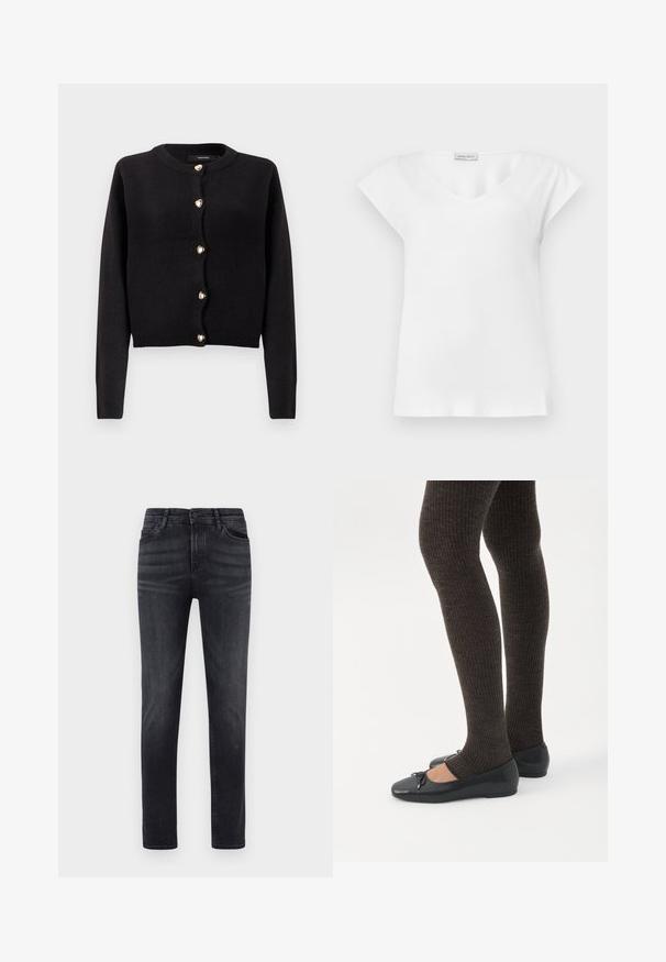Zwarte gebreide cardigan met lange mouwen, een ronde halslijn en gouden knopen in de vorm van een hart langs de voorkant. Zachte textuur, kort model.; Witte blouse met korte mouwen, een ronde hals en een klein merketiket vlakbij de kraag.; Zwarte denim jeans met een rechte pasvorm. Voorzien van vijf zakken, een knoopsluiting en lussen voor de riem. De stof heeft een gladde textuur en een lichte stretch.; Benen met donkere geribbelde leggings gecombineerd met zwarte ballerina's met kleine strikdetails op een witte achtergrond.