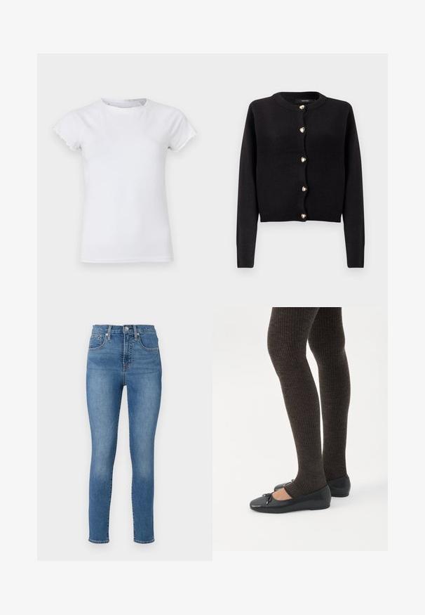 Cardigan noir en maille avec manches longues, encolure arrondie et boutons dorés en forme de cœur sur le devant. Texture douce, coupe courte.; T-shirt en coton blanc avec des manches courtes à bords festonnés, un col rond, une coupe ajustée, une texture lisse et sans motifs ni embellissements visibles.; GAP SKINNY TALMA - Jeans Skinny - medium indigo; Jambes portant des leggings côtelés foncés associés à des ballerines noires avec de petits détails en nœud sur fond blanc.