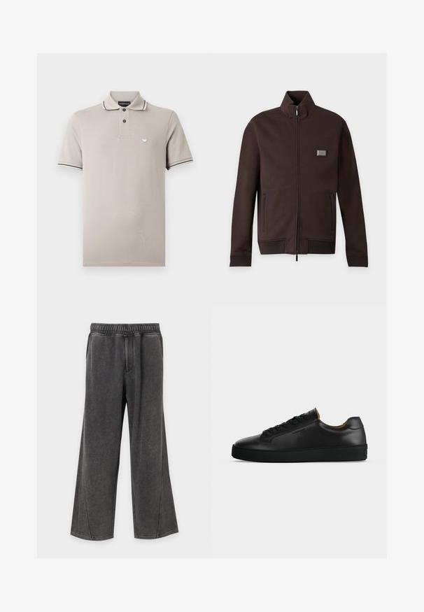 Veste marron foncé zippée avec col montant, deux poches latérales, poignets et ourlet côtelés, et petit patch logo rectangulaire sur la poitrine.; Polo à manches courtes beige clair avec deux boutons noirs, fines rayures noires et blanches sur le col et les bords des manches, et petit logo sur la poitrine.; Pantalon gris foncé à jambes larges avec ceinture élastique et deux poches latérales, fabriqué en tissu doux et confortable.; Basket basse en cuir noir avec lacets noirs, semelle en caoutchouc texturée et petit logo embossé sur le côté, présenté de profil sur fond gris.
