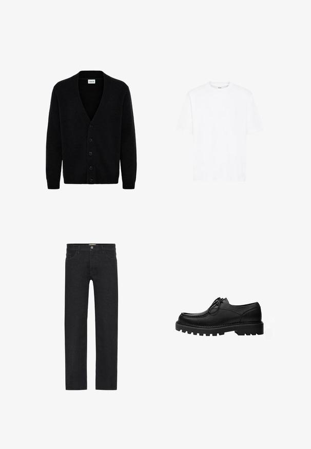 Sort cardigan lavet af et blødt strikkemateriale, med V-hals og seks frontknapper. De lange ærmer har ribbede manchetter.; Hvid kortærmet T-shirt lavet af bomuld. Har rund hals, afslappet pasform og ingen synlige mønstre eller accenter. Enkel og enkel design.; Sorte lige ben jeans lavet af denim, der har en knaplukning i taljen, fem lommer og et minimalistisk design uden synlige mønstre.; Sort læder snøresko med tyk, robust sål og detaljerede syninger på oversiden, designet til formelt eller afslappet brug.