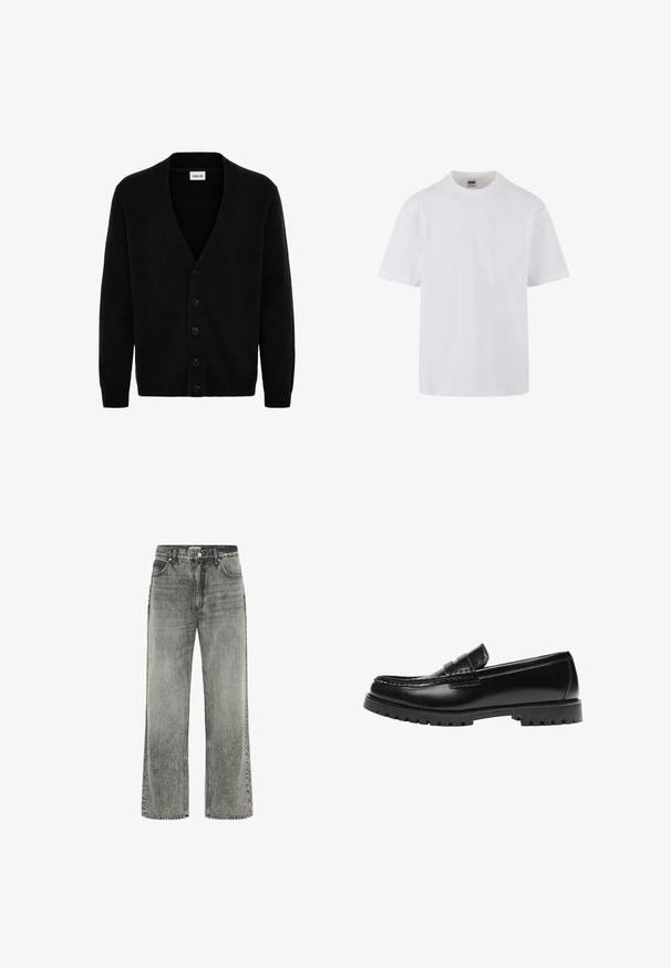 Gilet noir en tricot doux, doté d'un col en V et de six boutons sur le devant. Les manches longues ont des poignets côtelés.; T-shirt blanc à manches courtes en coton, avec un col rond et une poche simple du côté gauche de la poitrine.; Jean large gris en denim avec une finition délavée. Comprend des poches avant, des passants de ceinture et une fermeture éclair avec un bouton.; Mocassin en cuir noir avec une semelle en caoutchouc épaisse et un détail classique de bride à monnaie, vu de côté extérieur.