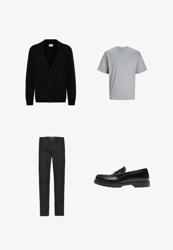 Schwarzer Cardigan aus weichem Strickmaterial, mit V-Ausschnitt und sechs Knöpfen vorne. Die langen Ärmel haben gerippte Bündchen.; Hellgraues kurzärmeliges T-Shirt aus glattem Baumwollstoff, mit Rundhalsausschnitt und bequemer Passform, ohne sichtbare Muster oder Logos.; Schwarze Denim-Jeans mit geradem Schnitt. Zu den Merkmalen gehören fünf Taschen, ein Knopfverschluss und dezente Nähte entlang der Säume.; Schwarzer Leder-Slipper mit dicker Gummisohle und klassischem Penny-Detail an der Riemen, von der Außenseite gezeigt.