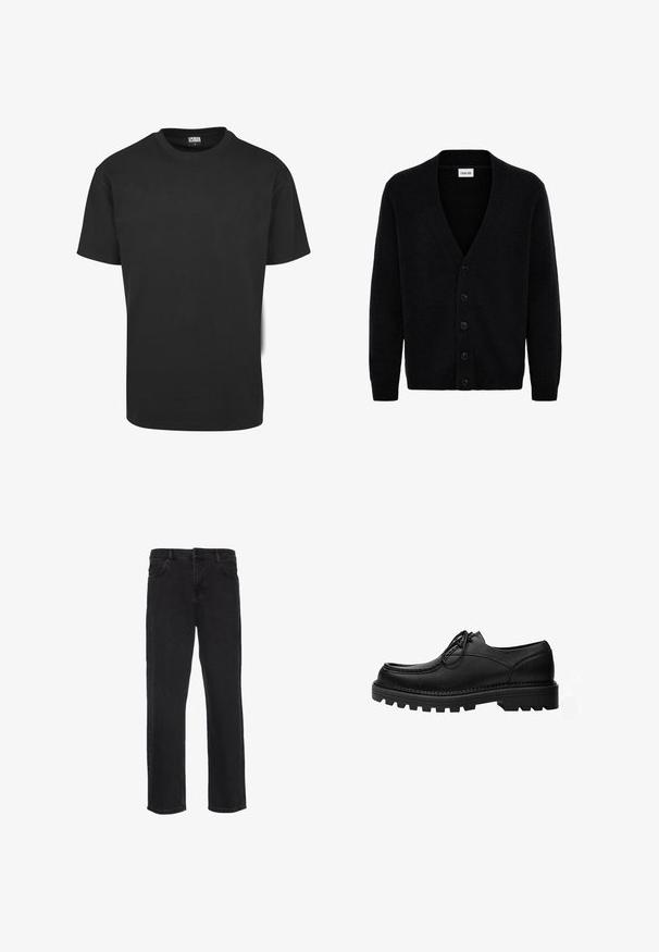 Gilet noir en tricot doux, doté d'un col en V et de six boutons sur le devant. Les manches longues ont des poignets côtelés.; T-shirt en coton noir à manches courtes, col rond et coupe standard. Le tissu semble lisse et sans décoration.; Jean en denim noir avec une coupe droite, design standard à cinq poches et fermeture classique à boutons et à glissière. Taille plate avec passants de ceinture.; Chaussure noire en cuir à lacets avec une semelle épaisse et robuste et des coutures détaillées sur la tige, conçue pour un usage formel ou décontracté.