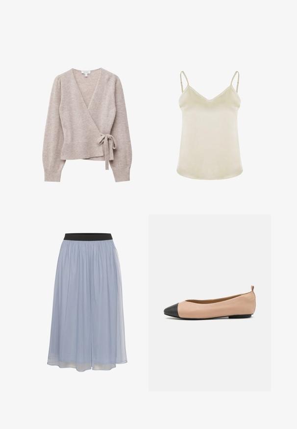 Lys beige, omslagstrøje i blødt strikstof. Har lange ærmer med sammensnørede skuldre og et bånd i taljen.; Lys beige camisole med V-udskæring, justerbare stropper og en glat, blød tekstur. Enkel design uden mønstre eller dekorationer.; Lys blå, knælang nederdel lavet af gennemsigtigt stof. Sort elastisk talje. Strømmende design med blød tekstur og let fald.; Læderballetflade med en nude farve og sort tætsko. Har et minimalistisk design, glat tekstur og en lille bagløkke for nem påføring.