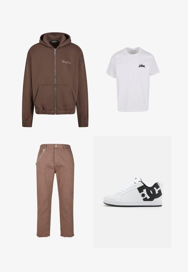 Braune Kapuzenjacke mit durchgehendem Reißverschluss, großen Fronttaschen, gerippten Bündchen und Saum, besticktem "Dropsize"-Logo auf der linken Brust, weicher Stofftextur.; Lost Youth REGULAR TEE - T-Shirt print - white; Braune Denim-Hosen mit geradem Bein, ausgestattet mit fransigen Säumen und einem silbernen Kettenakzent, der an dem Bund befestigt ist.; Weiße Sportschuhe mit einem glatten synthetischen Obermaterial, das schwarze Logoakzente und eine Gummisohle aufweist. Schnürdesign, runde Zehenform.