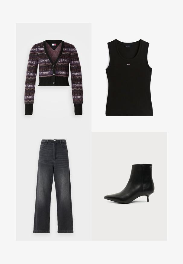 Cardigan court dans des teintes sombres avec un design à motifs arborant "TOMMY JEANS" en texte clair. Col en V, manches longues et fermeture à boutons.; Débardeur noir côtelé sans manches avec petit logo rectangulaire rouge, blanc et bleu au centre de la poitrine et étiquette au col indiquant Tommy Jeans.; Jeans en denim noir à jambes larges avec une taille haute, dotés d'une fermeture à bouton, de cinq poches et d'un léger délavage le long des jambes.; Bottine en cuir noir avec bout pointu et petit talon kitten sur fond clair, vue côté extérieur.