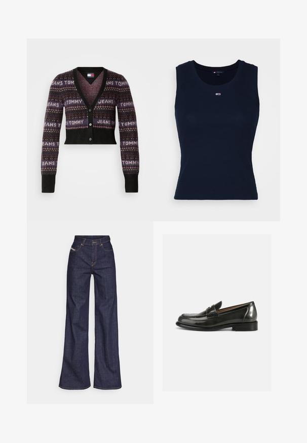 Cropped-Cardigan in dunklen Farbtönen mit einem gemusterten Design, das "TOMMY JEANS" in hellem Schriftzug zeigt. V-Ausschnitt, lange Ärmel und Knopfschluss.; Dunkelblaues Baumwoll-Tanktop mit geripptem Textur, rundem Ausschnitt und kleinem gesticktem Logo auf der Brust. Leicht und körpernah geschnitten.; Dunkelblaue weite Jeans aus Denimstoff mit hoher Taille, ausgestattet mit orangefarbenen Nähten, fünf Taschen und einem Knopfverschluss.; Schwarze Lackleder-Pantoletten mit strukturiertem Design, runder Zehenform und gesteppten Details im Obermaterial, ausgestattet mit einem niedrigen, gestapelten Absatz.