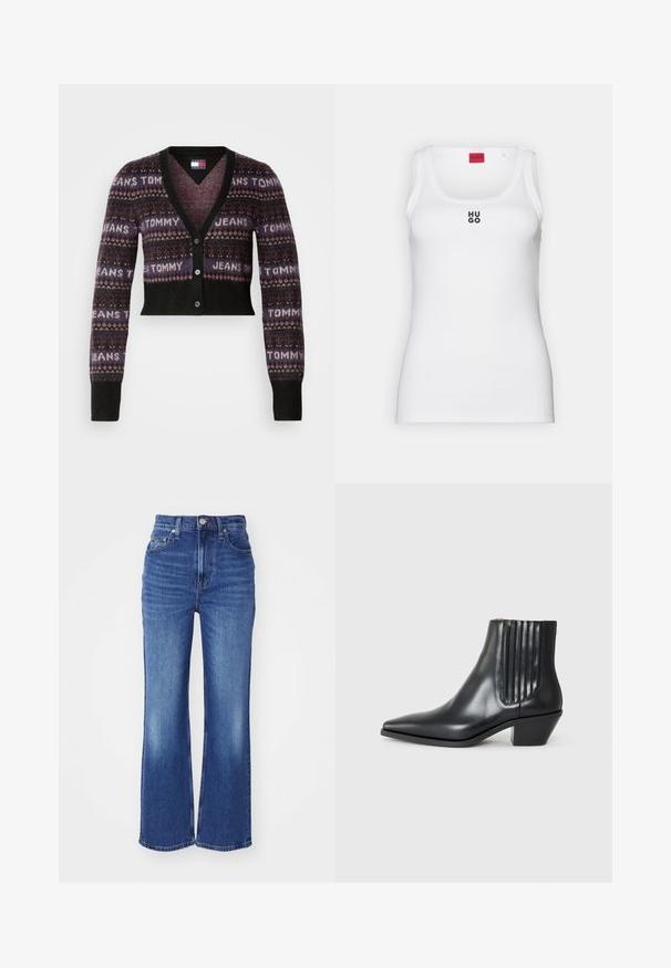 Afskåret cardigan i mørke nuancer med et mønsterdesign, der har "TOMMY JEANS" i lys tekst. V-hals, lange ærmer og knaplukning.; Hvid tanktop lavet af bomuld, med et enkelt design og en rund halsudskæring samt et sort "HUGO" logo i midten. Glat tekstur.; Blå denim flared jeans med høj talje, fem lommer, subtil falmning og kontrasterende syninger. Har lynlås og knaplukning.; Sorte læder ankelstøvle med spids tå, elastiske sidepaneler med lodrette riller og en lav blokhæl. Glat tekstur og slankt design.