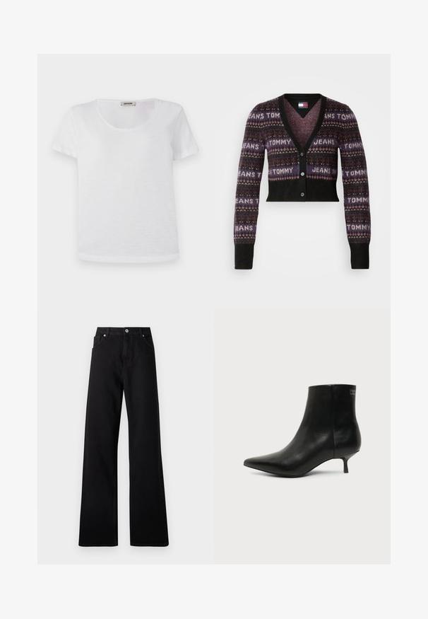 Cardigan court dans des teintes sombres avec un design à motifs arborant "TOMMY JEANS" en texte clair. Col en V, manches longues et fermeture à boutons.; T-shirt blanc à manches courtes en tissu doux, avec un col rond et un ourlet droit sans motifs ni accents visibles.; Jean large noir en denim avec un design à cinq poches, fermeture à bouton à l'avant et détails de couture subtils.; Bottine en cuir noir avec bout pointu et petit talon kitten sur fond clair, vue côté extérieur.